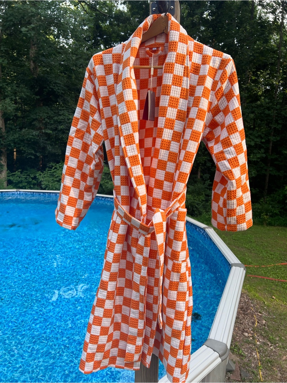 Men's Orange and White Checkered Knit Robe with Belt